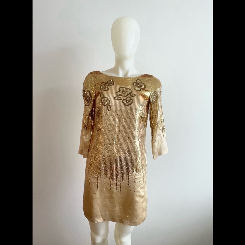 NWT HALSTON Ivory Gold Sequin Silk Shimmering  Holiday Sheath Dress 2 XS
